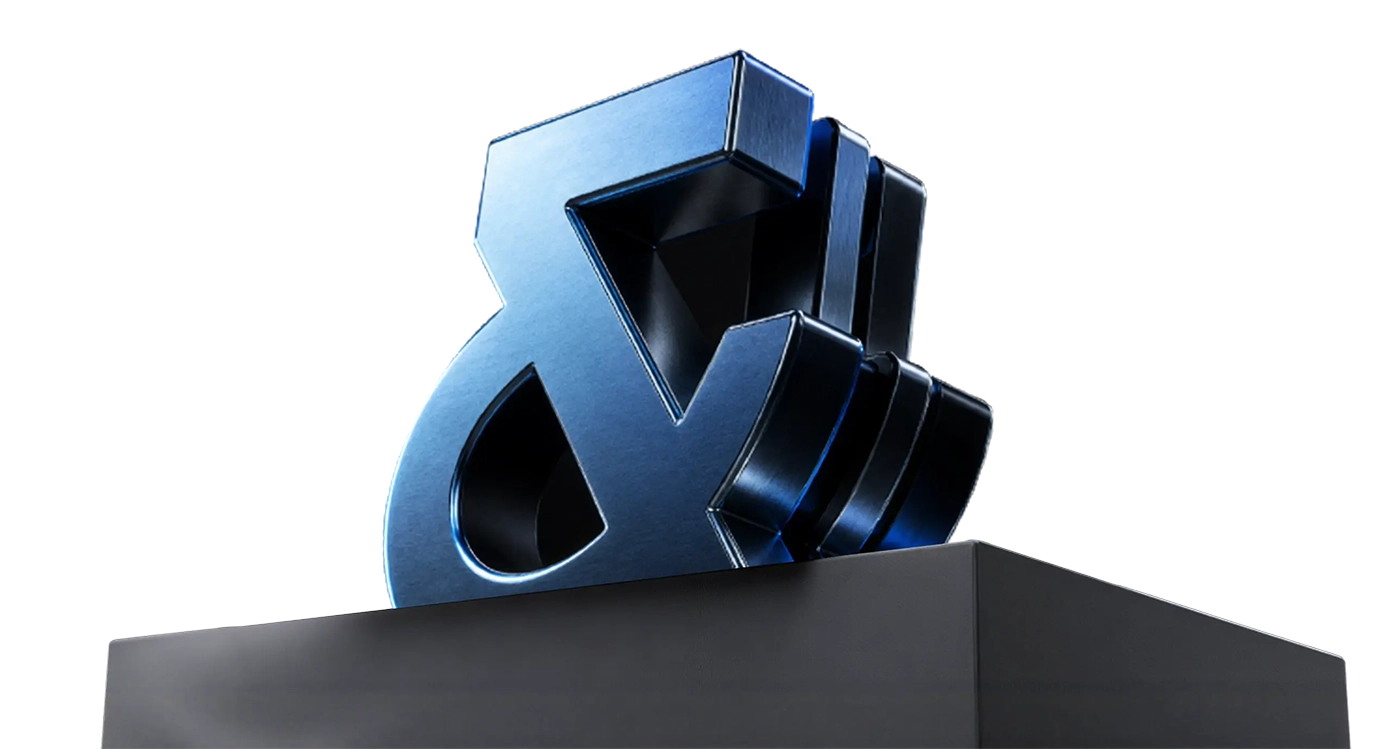 The AND MKTG ampersand as a 3D metallic blue sculpture on a dark pedestal