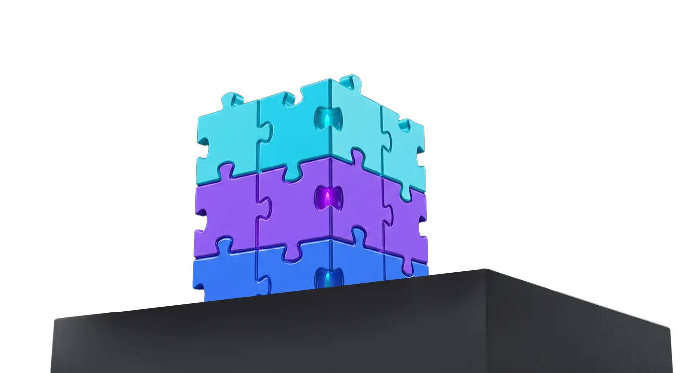 A 3D cube made of interlocking puzzle pieces in cyan, purple and blue on a dark pedestal