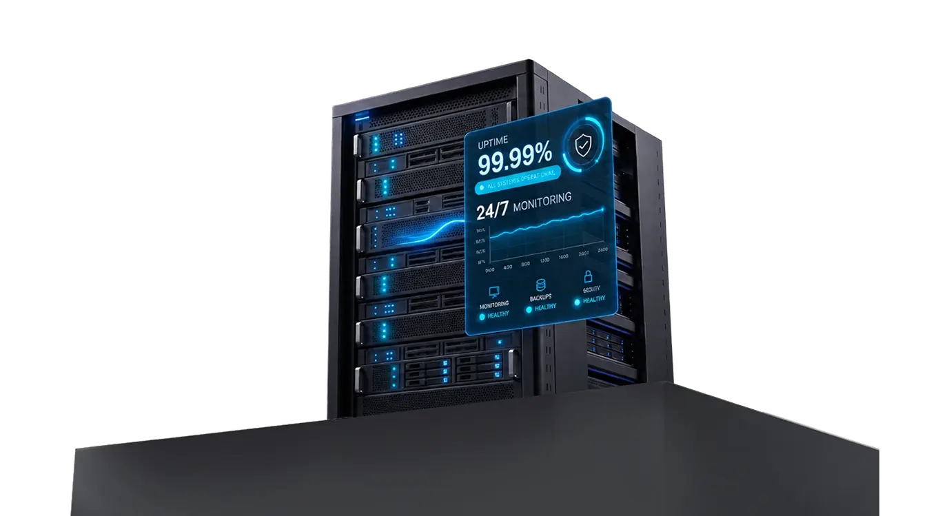 A server rack with a monitoring panel showing 24/7 monitoring and healthy status for monitoring, backups and security