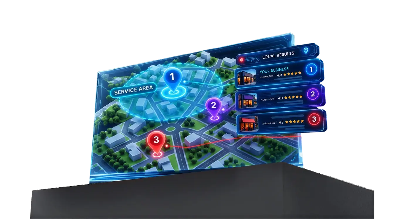 A 3D neighborhood map with a highlighted service area and three ranked location pins, beside a local results list with "Your business" in first place