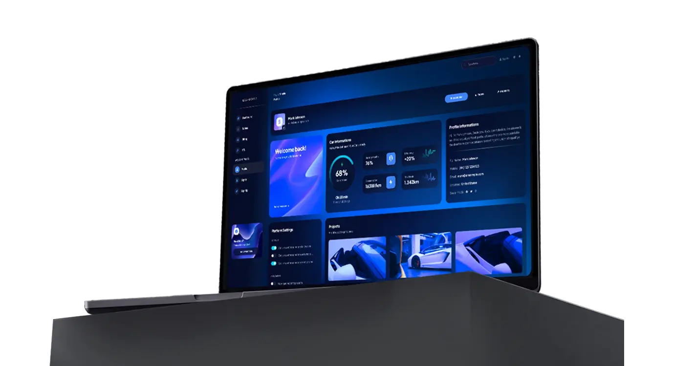 A laptop displaying a dark blue dashboard with profile details, performance metrics and project cards